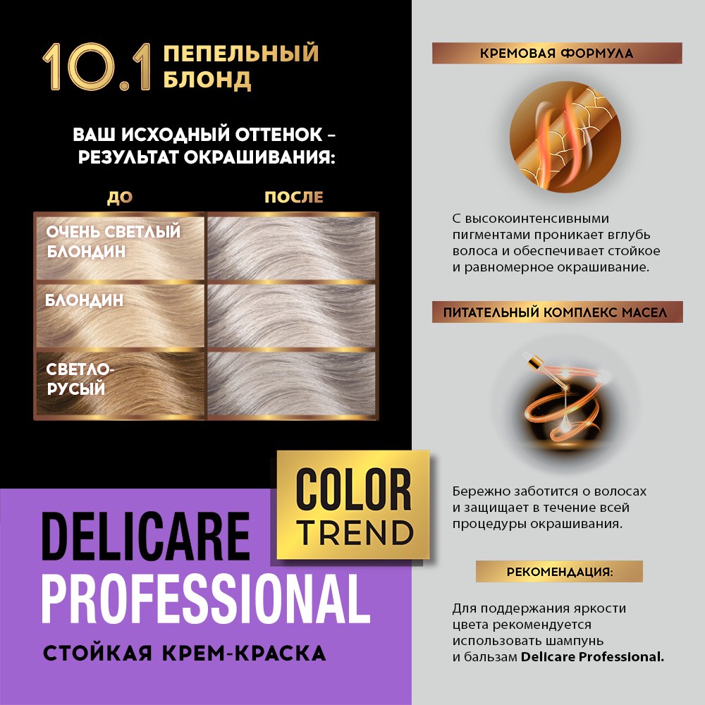 Стойкая крем - краска для волос Delicare Professional Color Trend 10.1 Пепельный блонд Вид№10