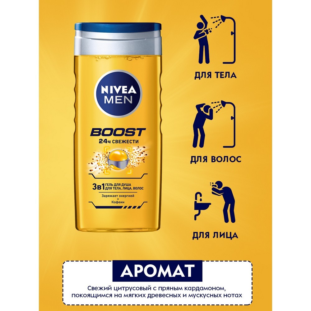 Мужской гель для душа NIVEA Men " Boost " 3 в 1 250мл. Фото 4.