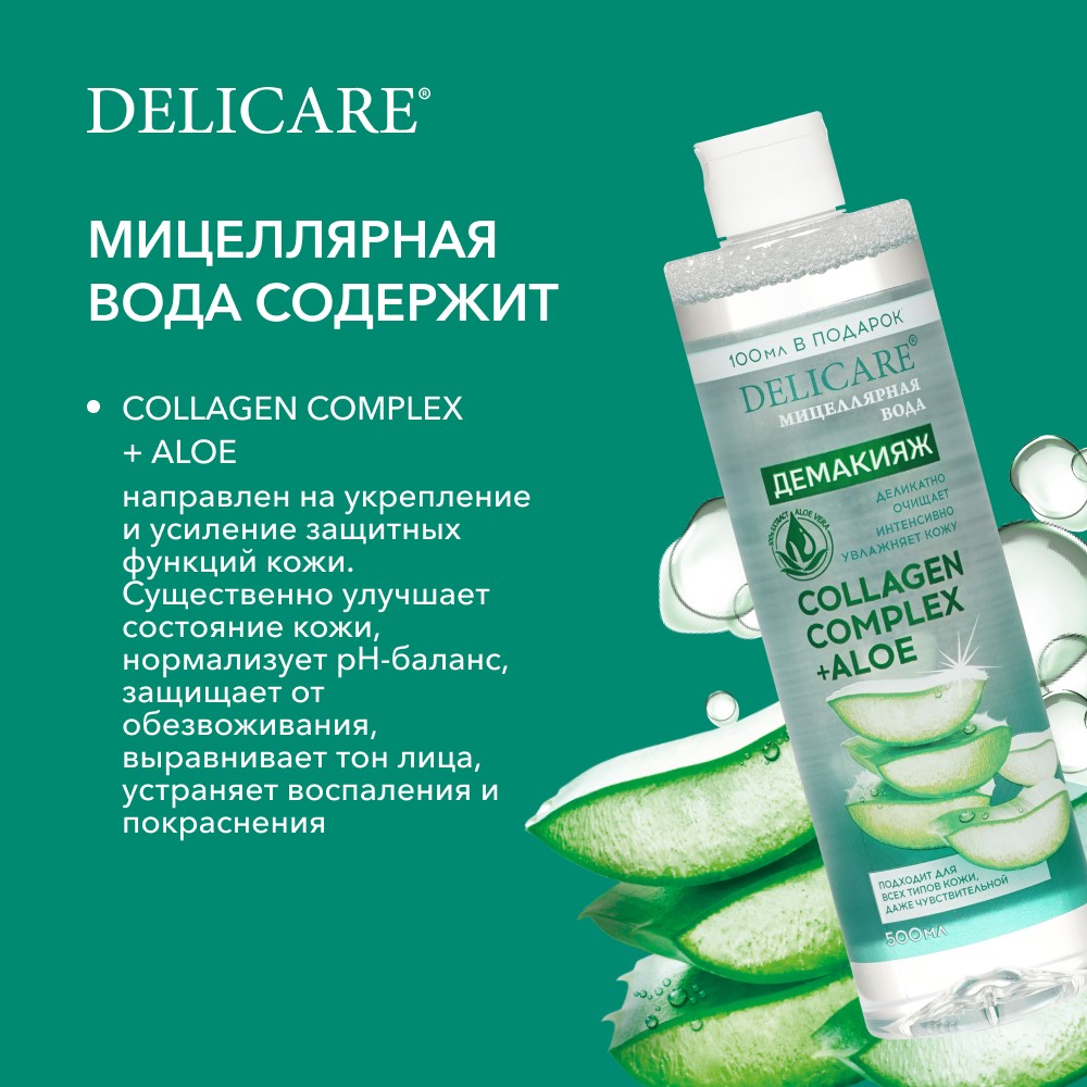 Мицеллярная вода Delicare Демакияж Collagen Complex + Aloe 500мл. Фото 6.